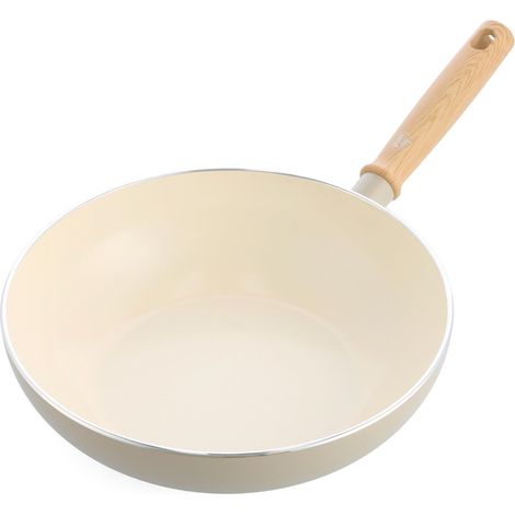 GreenChef Nordics Wok con Rivestimento Ceramico Antiaderente, 28 cm/3,7 L, Compatibile con Induzione, Manico Effetto Legno, Senza PFAS, Adatto al Forno 220 °C, Lavabile in Lavastoviglie, Crema