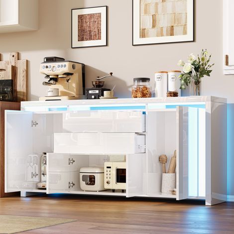 FOERPL-Modernes Wohnzimmer-Sideboard 160 x 35 x 75 cm mit LED-Beleuchtung, Stauraum mit 2 Schubladen und 4 Türen, Hochglanz-Sideboard, geeignet für Esszimmer und Küche