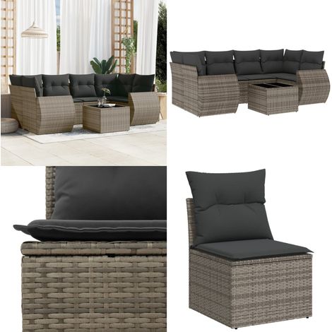 7-tlg. Garten-Sofagarnitur mit Kissen Grau Poly Rattan - Gartenmöbel Set - Esstischgarnitur - Outdoor Möbel - Rattan Gartenmöbel - Lounge Garnitur - Home & Living (1/5)