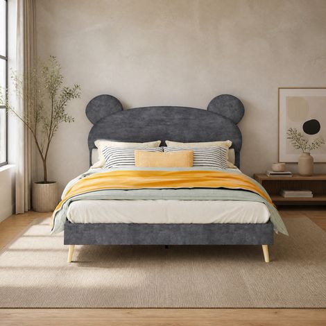 Cama 140x200 cm tapizada gris con cabecero orejas de oso, estructura metálica DESVIAE (1/5)