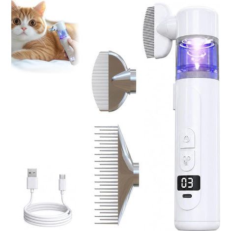 Peignes 2 en 1 for animaux de compagnie, électrique élimine les poils emmêlés et puces, Dents pivotantes à 360° et lumière bleue, Peigne sous vide Rechargeable USB, brosse électrique anti-puces (1/5)