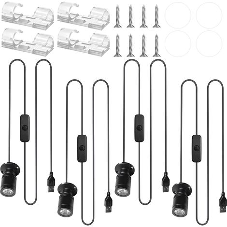 Lot de 4 spots LED pivotants à 360° - 5 V 1 W - Avec 4 supports de câbles - USB à intensité variable - En aluminium - Pour armoire, images, étagère, décoration (4000 K blanc neutre) (1/5)