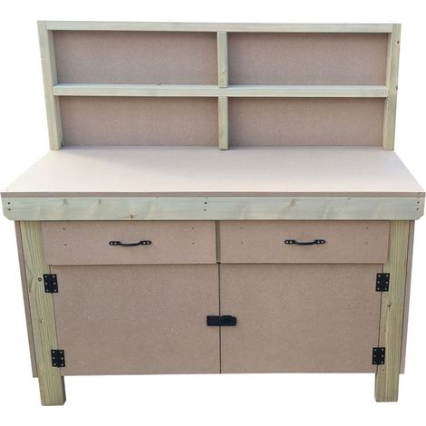 Wooden MDF top storage workbench with lockable cupboard and drawers (V.4) (H-90cm, D-70cm, L-150cm) with back