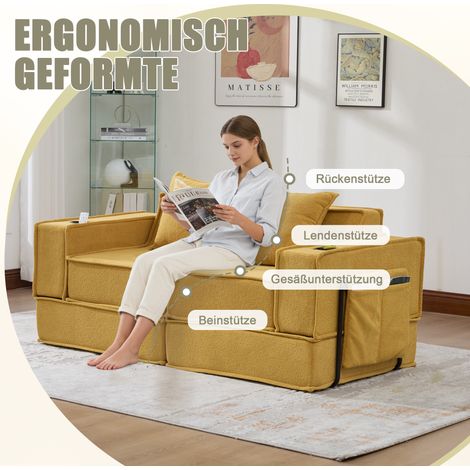 Canapé-lit double moderne 2 places en tissu confortable. Coussins inclus,repose-pieds décoratif avec rangement et porte-gobelets. (1/5)