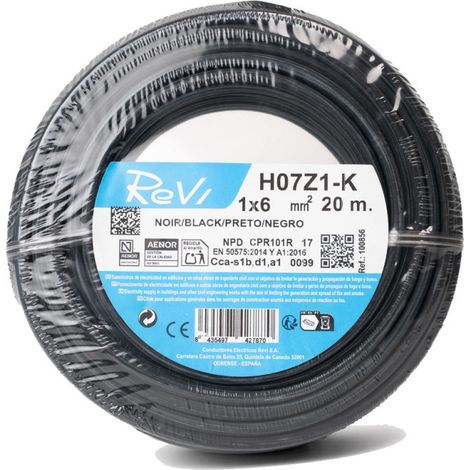 Câble électrique sans halogène 6 mm² Noir 20 m Fil PVC H07Z1-K Câble électrique