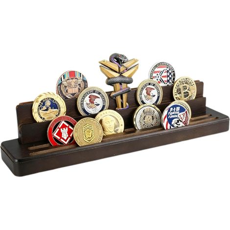 Solid Brown Wood Coin Display 4 Rows for 15-18 Living Room Coins