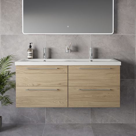 Napoli 390 Light Oak 1200mm Wall Mounted 4 Drawer Vanity Unit with Double Glide Basins - 1200mm - Chrome 320mm Handle