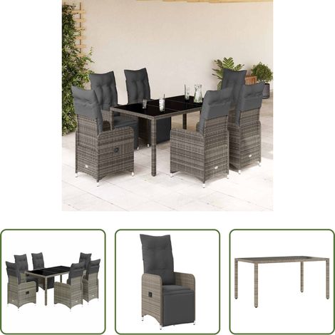 vidaXL Gartenmöbel -  7-tlg. Garten-Bistro-Set mit Kissen Grau Poly Rattan (1/5)