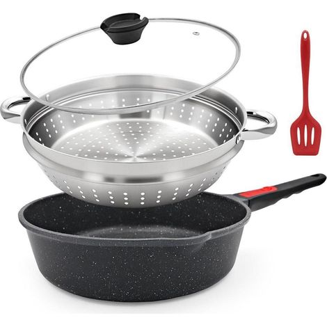 Pfanne 28cm mit Deckel & Dampfkorb, 4-teilig, abnehmbarer Griff, ofenfest
