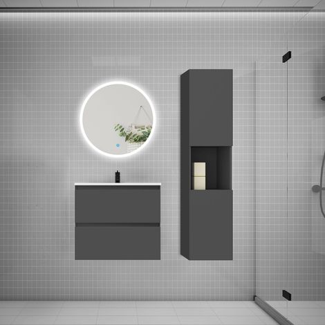 AICA Ensemble meuble vasque L.60cm 2 tiroirs + lavabo + LED miroir rond 60cm + colonne,anthracite