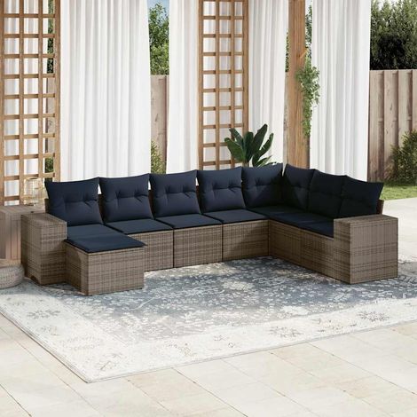 Salon de jardin modulable 8 pièces en résine tressée grise, coussins bleu marine, 64.8kg - PANGIVO (1/5)
