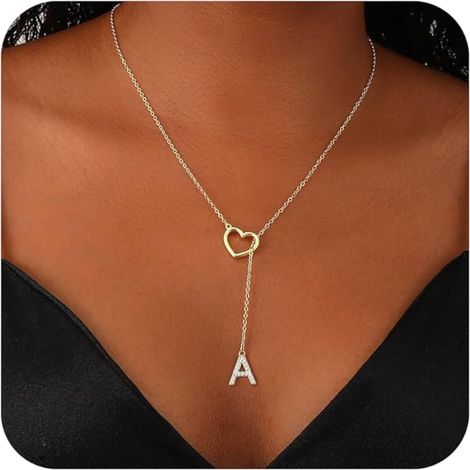 Colliers Lariat Initial pour femmes, délicat collier pendentif lettre en or avec cœur, plaqué or 14 carats, collier prénom personnalisé en forme de Y pour femmes, bijou tendance en or à offrir (1/5)