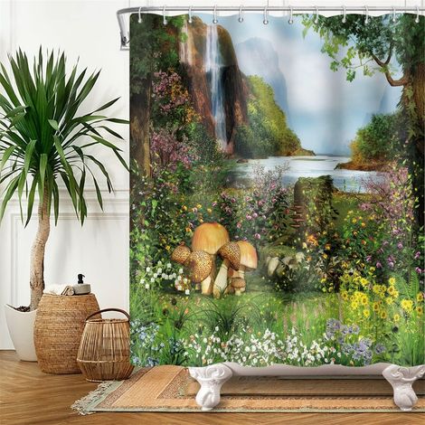 152x183cm Naturel Paysage Rideau de Douche Chute d'Eau Magie Forêt Champignon Conte de Fée Fleur Vert Herbage pour Salle de Bains Polyester avec Crochets (1/5)