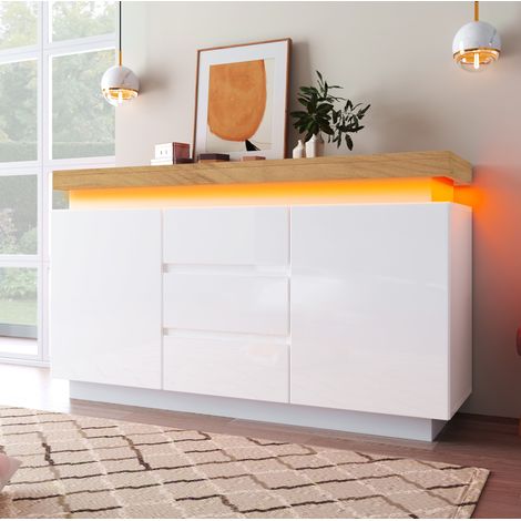 Buffet 140x39x81 cm blanc en panneaux de particules et MDF avec LED, 2 portes, 3 tiroirs et étagères réglables (1/5)