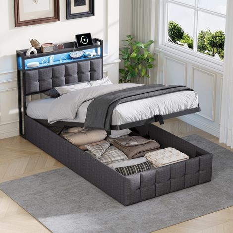 lit 90x200cm, Lit simple, lit coffre 90 x 200, Sommier à Lattes, LED réglable, Chargement USB, cadre de lit, Gris, lin (1/5)