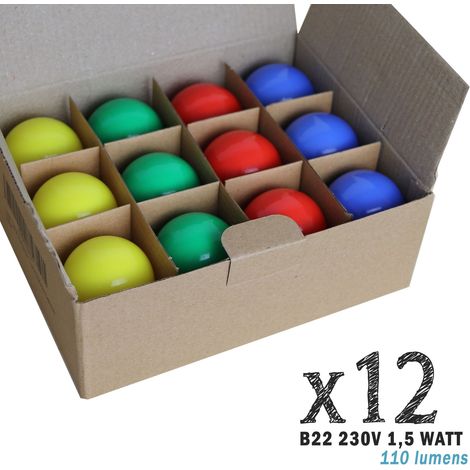Lot de 12 ampoules LED B22 1,5W Rouges, Bleues, Vertes et Jaunes (équivalence 15W) pour Guirlande Extérieure Limão®  non-dimmable (1/4)