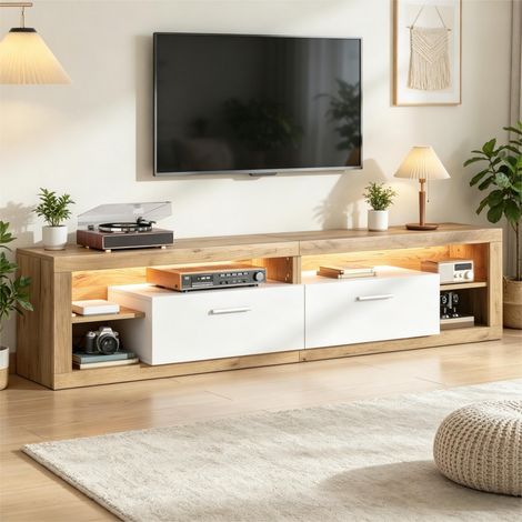 Meuble TV LED 180x35.5x50cm - Lowboard Chêne et Blanc 2 Tiroirs 4 Niches Ouvertes pour TV jusqu'à 75" - Bois et Blanc (1/5)