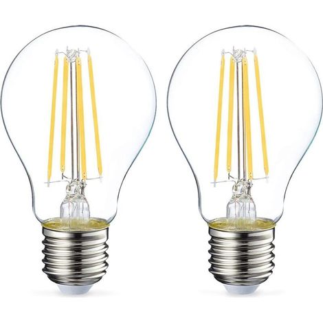 Deux ampoules LED, culot à vis E27, 7 watts (équivalent à une ampoule incandescente de 60 watts), non dimmables, lumière blanche chaude. (1/4)