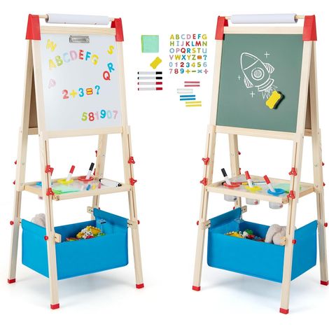 Goplus – Tableau enfants double face réglable 102-126 cm – Tableau noir/blanc magnétique – 60 accessoires inclus – Rouleau de papier remplaçable (1/5)