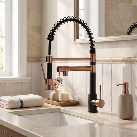 Mitigeur de lavabo avec douchette extractible, rotation 360°, 2 modes de jet, Eau Chaude et Froide, métal galvanisé, Noir et Or Rose (1/5)