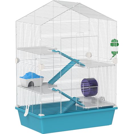 Beyamis 5-stöckiger Hamsterkäfig mit Plattformen, Futternapf, Wasserflasche, Häuschen, Rampen und Laufrad, 58 x 36 x 81 cm, Hellblau
