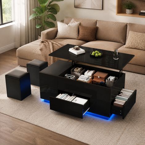 Tavolino da caffè sollevabile 100 x 50 x 45 cm con LED, 2 cassetti, 2 pouf contenitore, nero DESVIAE (1/5)