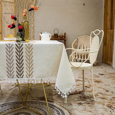 nappe Impermable Carre Coton Lin 140x140cm (marron), Nappe Lgante Pompon, Dcoration De Table De Cuisine (1/5)