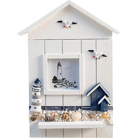 Porte-clés mural - Phare, armoire à clés style méditerranéen avec 6 crochets, porte-clés en bois style phare, décoration murale estivale sur le thème de la plage (1/5)