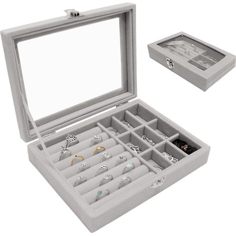 Schmuckaufbewahrung, Damen-Schmuckkästchen, Schmuckkästchen und Präsentationsständer mit Deckel, Samt-Schmuckkästchen für Ringe, Ohrringe, Halsketten (grau) (1/4)