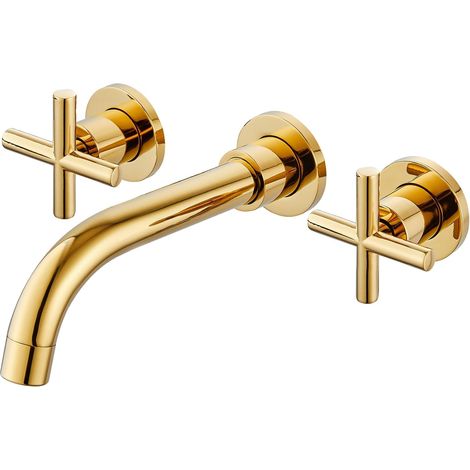FLITI Wandarmatur für Badezimmer in poliertem Gold mit 2 Kreuzgriffen, 3 Löchern für Messingwaschbecken und 360 Grad schwenkbarem Auslauf (1/4)