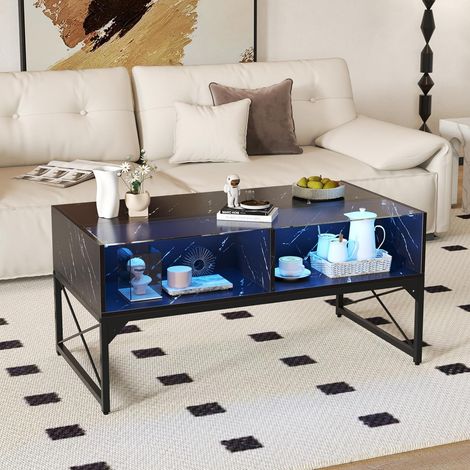 GOPLUS Table Basse Laquée Marbre Verre, Table Basse Salon LED Lumières avec Télécommande 20 Couleurs Réglables 4 Cubes, Plateau en Faux Marbre et Verre Trempé,Charge 200KG,105 x 55 x 50 CM (Noir) (1/4)