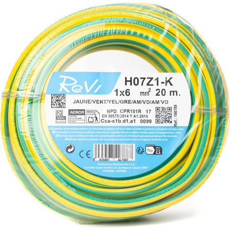 Câble électrique sans halogène 6 mm² vert/jaune 20 m Fil PVC H07Z1-K Câble électrique