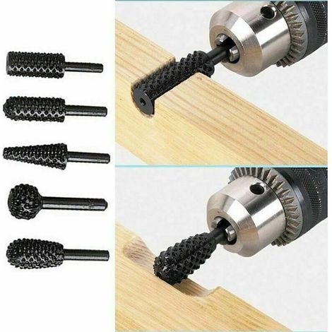 1/4" (6 mm) Rotationsfräser-Set für Elektrowerkzeuge, Schleifen, Schnitzen und Holzbearbeitung, mit Raspelschaft. Rotationsfräser-Set mit Schaft, Holzbearbeitungsset, 5er-Pack (Schwarz).