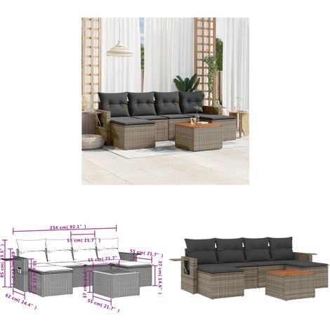 7-tlg. Garten-Sofagarnitur mit Kissen Grau Poly Rattan - Gartenmöbel Set - PE-Rattan Möbel - Outdoor Lounge - Esszimmergarnitur - Balkonmöbel - Home & Living (1/3)