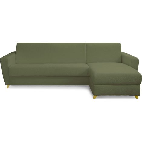 Canapé d'angle convertible réversible 5 places en tissu bouclette vert kaki - ouverture express - Leandro (1/5)