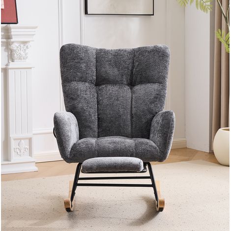 Mecedora de chenilla gris oscuro con reposapiés y bolsillo para lectura - CHICFURN (1/5)