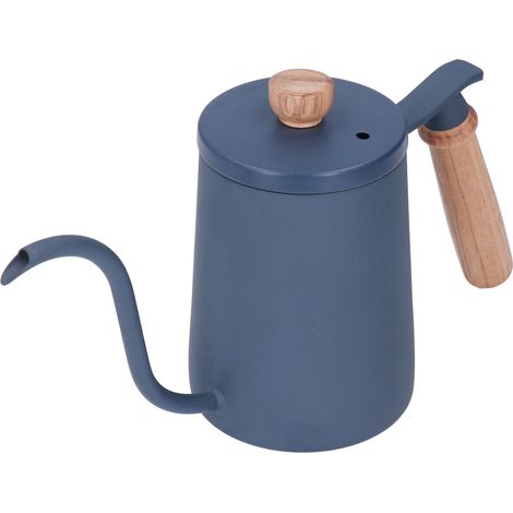 Bouilloire à filtre 600 ml, bec verseur en col de cygne, poignée en bois, acier inoxydable de qualité alimentaire, design ergonomique, bleue (1/5)