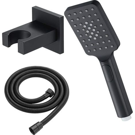 Conjunto de ducha de mano negra, que incluye una manguera de ducha, una ducha de mano cuadrada que ahorra agua y un soporte de latón. (1/5)
