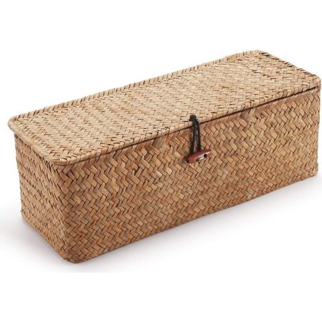 Cesta de almacenamiento de junco marino con tapa - Rectangular - Beige