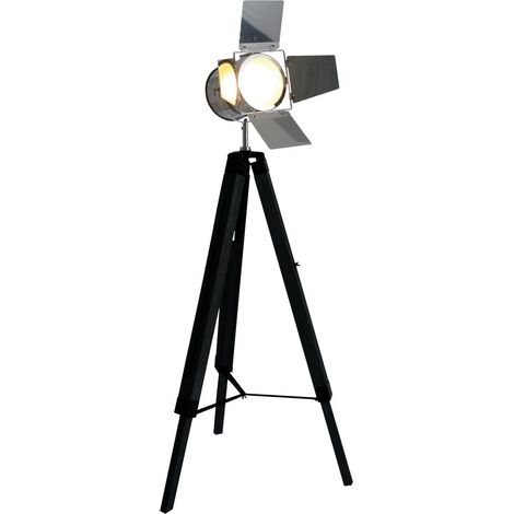 Lampadaire Trépied Design en Bois de Pin et Métal Noir, Hauteur Réglable 100-140 cm, E27 - PANGIVO (1/3)