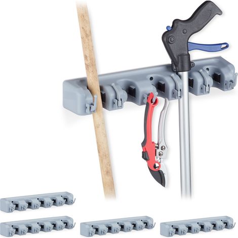 Relaxdays Set of 5 Tool Holder Wall Mount, 10 Clamp Brackets, 12 Folding Hooks, Universal, HWD: 6 x 40 x 11 cm, PP, Grey