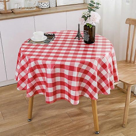 Nappe ronde 90 cm - Nappe en tissu imperméable, résistante aux taches et aux plis, lavable, idéale pour les restaurants, les fêtes, les pique-niques en extérieur, rouge et blanc (1/5)