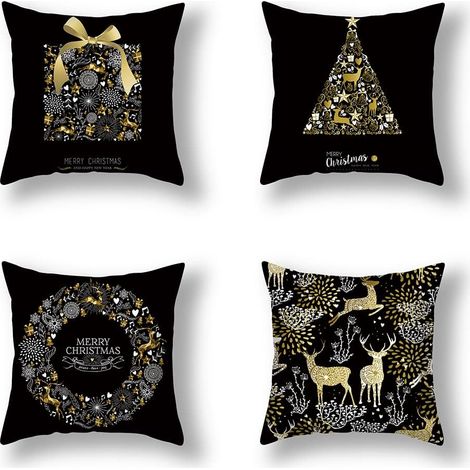 Juego de fundas de almohada con temática navideña, funda de almohada con estampado de copos de nieve, funda de almohada navideña, funda de almohada navideña para sofá (negra) (1/5)