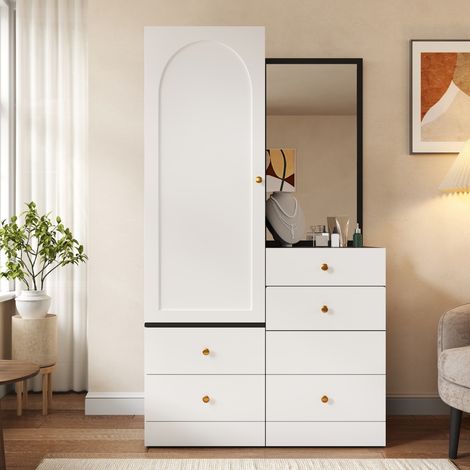 Armoire coiffeuse multifonction en MDF, miroir pleine longueur, tabouret coulissant, rangements compartimentés 90×50,5×160 cm, blanc et noir (1/5)
