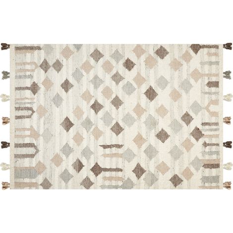Alfombra kilim de lana beige gris marrón 160 x 230 cm a mano borlas Kaghtsrashen
