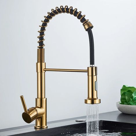 Robinet de cuisine en or brossé avec douchette extractible à 2 jets et poignée unique pour eau chaude et froide, rotation à 360°. (1/5)
