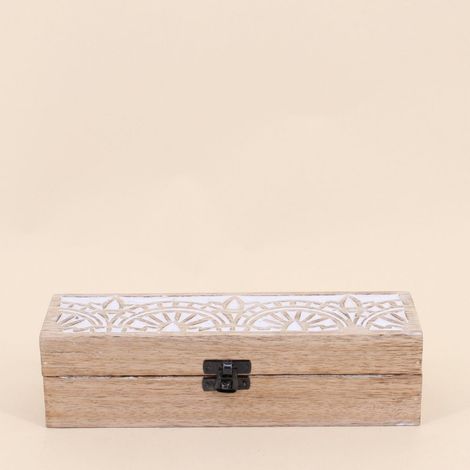 Boite à bijoux en manguier gravé cérusé blanc 25x8cm (1/4)