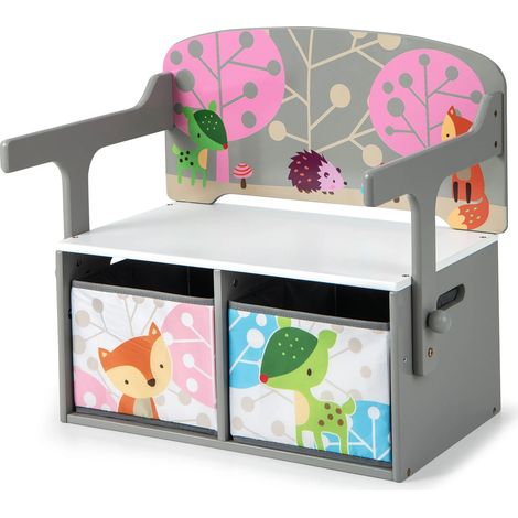 Banc d'activité enfant 3 en 1 gris en MDF avec 2 bacs en tissu amovibles et coins arrondis pour chambre, crèche et salle de jeux (1/5)