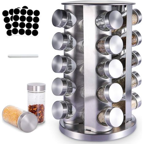 Présentoir à Épices 20 Pots Verre - Étagère à Épices en Acier Inoxydable Carrousel ,Pour Rangement Epices Cuisine,Barbecue, Rotatif à 360 ° (1/5)