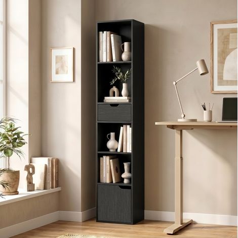 Bibliothèque 6 compartiments avec tiroir et étagère réglable, 30 x 24 x 158 cm, noire DESVIAE (1/5)